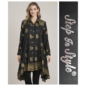 Step In Style Black Gold High Low Hem Boho Lagenlook Tunic Dress Size 1X
